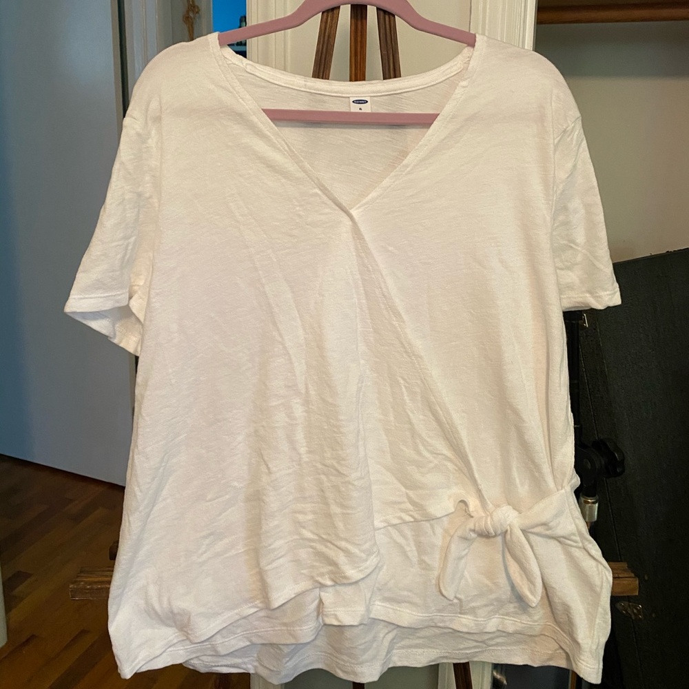 Old Navy white,faux wrap, short-sleeved blouse.